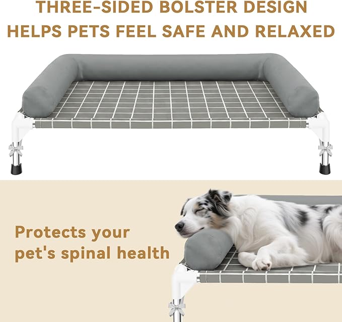 Elevated Dog Bed with 3 Sided Bolster - 32"x26" Raised Pet Cot for Medium Dogs, Stainless Steel Frame Portable Dog Sofa for Indoor, Outdoor, Camping and Patio
