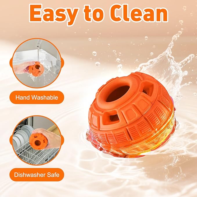 Interactive Dog Frozen Treat Toys, Dog Puzzle Enrichment Ball to Keep Them Busy, Slow Food Training, Durable Rubber Chew Dispensing Toy, Freezable Fillable Ball, for Small Medium Large Dogs (Orange)