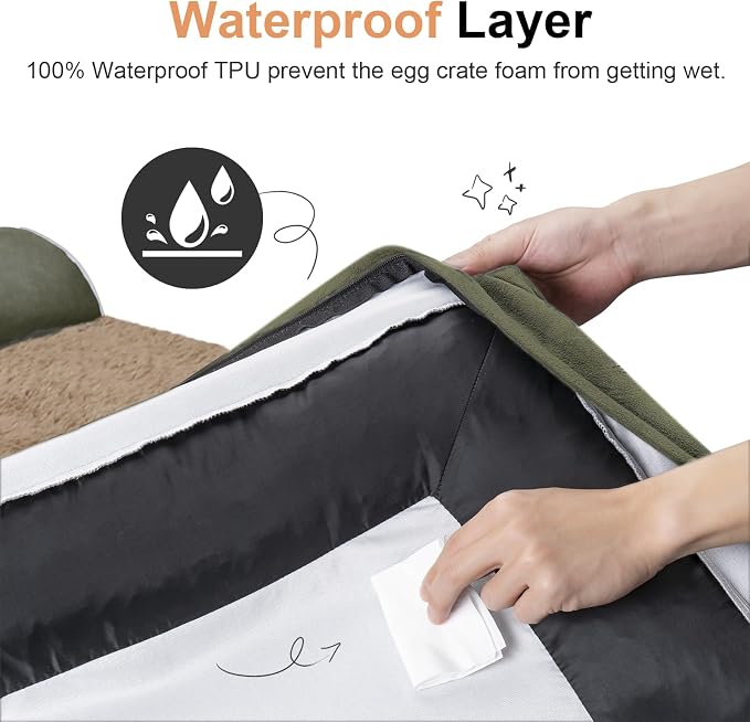 NANUYA Orthopedic Dog Bed for Large Dogs, 36 x 27 Inch, Dark Green | Egg crate foam for joint support, 3-sided bolster pet sofa, waterproof lining, washable cover, and non-skid base