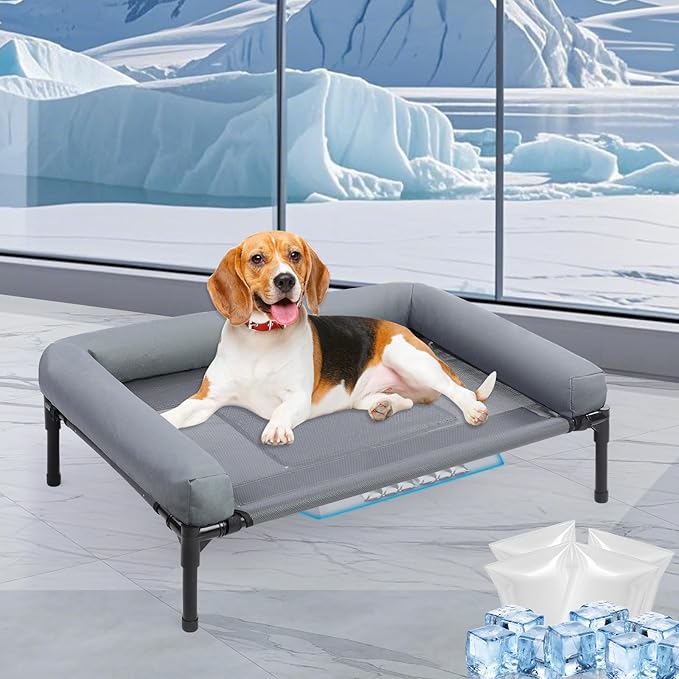 34'' Cooling Elevated Dog Bed with Pillow,Outdoor Indoor Raised Dogs Bed with Four Ice Pack, Breathable Dog Cot Beds with Teslin Small Medium Size Dogs,Outdoor Pet Hammock Bed, Outside Pet Beds(Small)