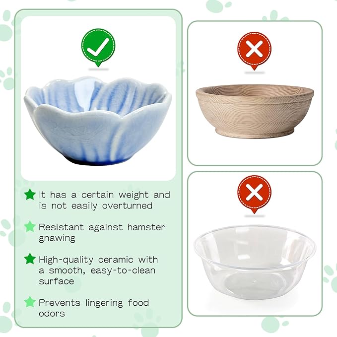 BNOSDM 2 Pcs Hamster Ceramic Food Bowl Flower Series Gerbil Drinking Bowls Anti-Turning Food & Water Dish for Dwarf Syrian Hamsters Gerbil Chinchilla（Blue, Narcissus Pattern）