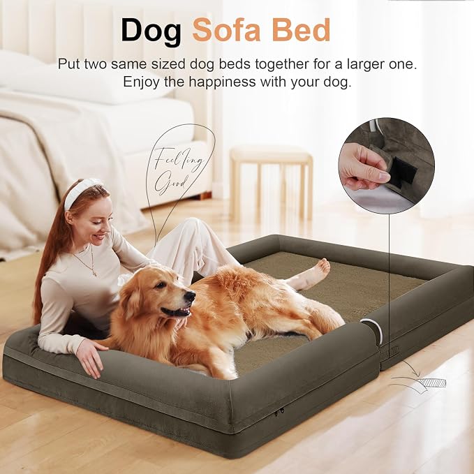 NANUYA Orthopedic Dog Bed for Jumbo Dogs, 48 x 33 Inch, Brown | Egg crate foam for joint support, 3-sided bolster pet sofa, waterproof lining, washable cover, and non-skid base