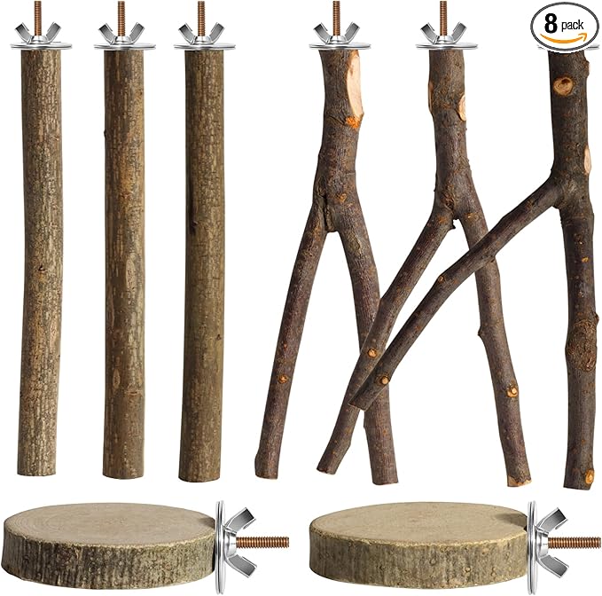8 Pack Natural Wood Bird Perches, Parrot Perch Stand Bird Cage Accessories for Budgerigar Cockatiels, Conures, Lovebirds (L)