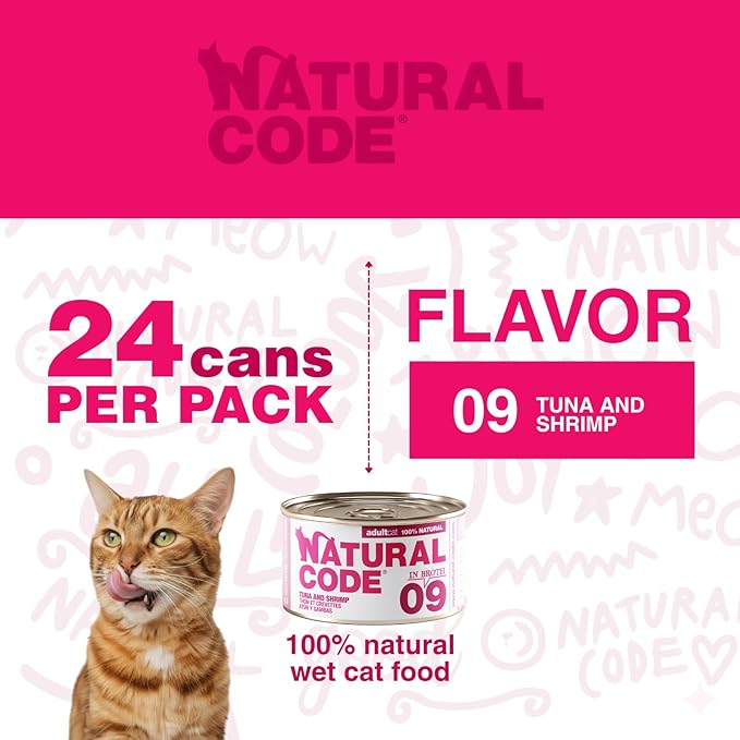 Natural Code - 24 Pack Wet Cat Food, Limited Ingredient Cat Food, High-Protein, Non-GMO, No Artificial Additives, Made in Italy, Tuna and Shrimps in Broth for Adult Cats, 3 oz