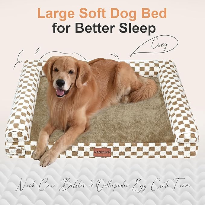 NANUYA Orthopedic Dog Bed for X-Large Dogs, 40 x 32 Inch, Brown Grid | Egg crate foam for joint support, 3-sided bolster pet sofa, waterproof lining, washable cover, and non-skid base