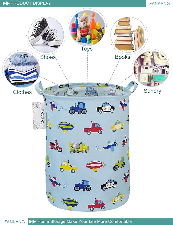 Storage Basket, Nursery Hamper Canvas Laundry Basket Foldable with Waterproof PE Coating Large Storage Baskets for Kids Boys and Girls, Office, Bedroom, Clothes,Toys（Car）