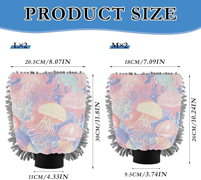 Car Wash Mitt Microfiber Wash Mitts for Car Washing Scratch-Free Cleaning Gloves Soft Non Absorbent Chenille Auto Hand Mitt Medium 2Pack Pastel Sea Coral Reef Jellyfish