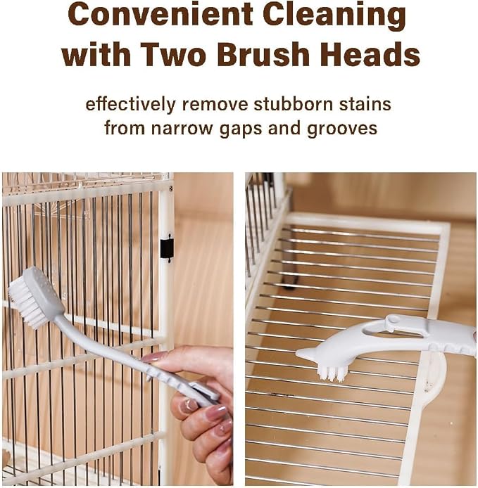 Bird Cage Cleaner with Double Brush Heads Long Handle Cleaning Tool for Small Animal Ferret Bunny Guinea Pigs Cages Food Bowl Pads Groomming (4PC)