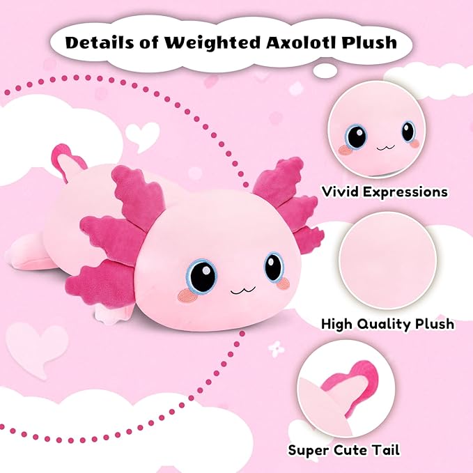 Finebee Weighted Axolotl Stuffed Animals, Cute Weighted Axolotl Plush, Soft Comfort Stuffed Weighted Plush Pillow Gifts for Kids Adult (9.8" 0.8Lbs)