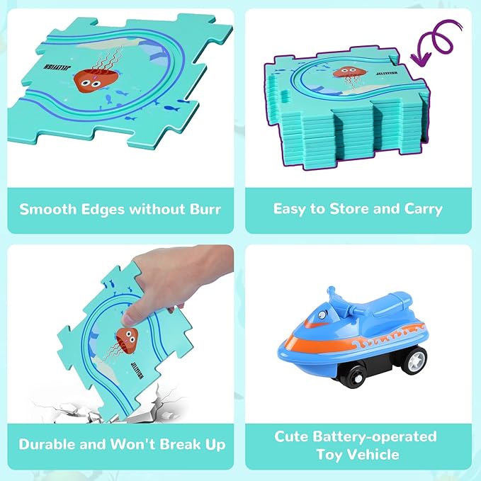 Puzzle Track Car Play Set, Plastic Puzzles for Kids Ages 3-5 with Vehicles, Electric Trolley Puzzle, Car Tracks for Toddlers, Toys Gifts for 3 4 5 6 Year Old Boys Girls