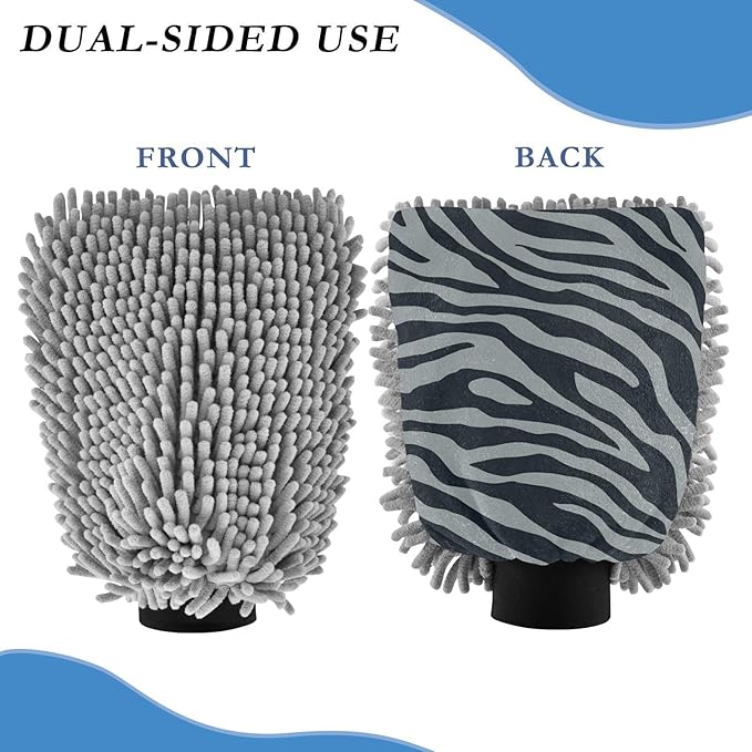 Car Wash Mitt Microfiber Wash Mitts for Car Washing Scratch-Free Cleaning Gloves Soft Non Absorbent Chenille Auto Hand Mitt Large 2Pack Grey Zebra Print