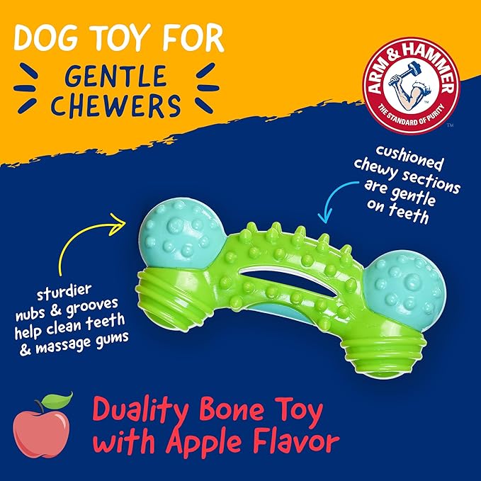 Arm & Hammer Nubbies Duality Bone Dog Dental Chew Toy, Green Apple Flavor, Baking Soda Infused, Nubby Grooves Reduce Plaque and Tartar, No Stuffing, for Moderate Chewers - 24 Pack