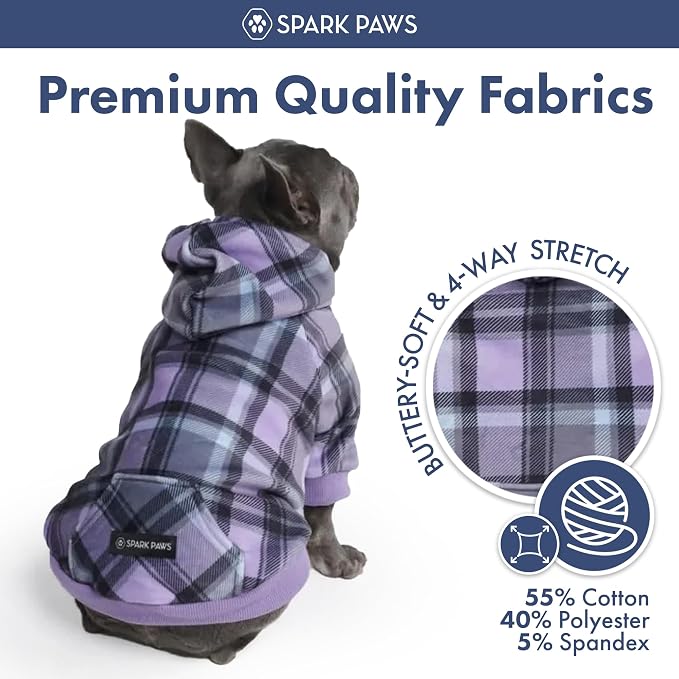 Spark Paws Dog Hoodie – Premium Dog Sweater for Small, Medium, and Large Dogs | Warm Outfits for French Bulldogs, Pitbull, Puppy, Winter Jacket Alternative - Purple Plaid - 3XL