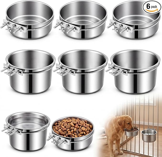 LemonRoad 6 Pcs Dog Crate Water Bowl No Spill 40oz & 60oz Stainless Steel Large Hanging Water Food Dog Kennel Bowls Bulk for Crates Attachable Metal Feeder Dish for Medium Large Dogs Breed Pets