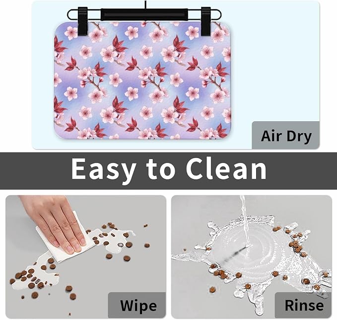 Dog Cat Food Mat Absorbent Placemat for Food and Water Bowl (Watercolor Blossom Japanese Cherry Flower)