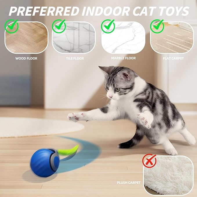 Interactive Cat Toy Ball - Automatic Interactive Cat Toys for Indoor Cats, Rechargeable 2 Speeds Enrichment Toys with 2 Tails, 2026 New Smart Rolling Toy for Small/Medium/Large Cats to Keep Busy