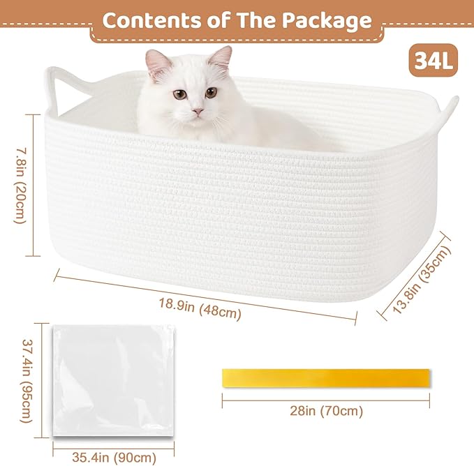 OIASKET Large Empty Gift Baskets for Baby Shower, 18.9" L x 13.8" W x 7.8" H Cute Woven Storage Basket with Gift Bags and Ribbons, Small Rope Toy Basket with Handles, Cat Dog Pet Toy Organizer - White