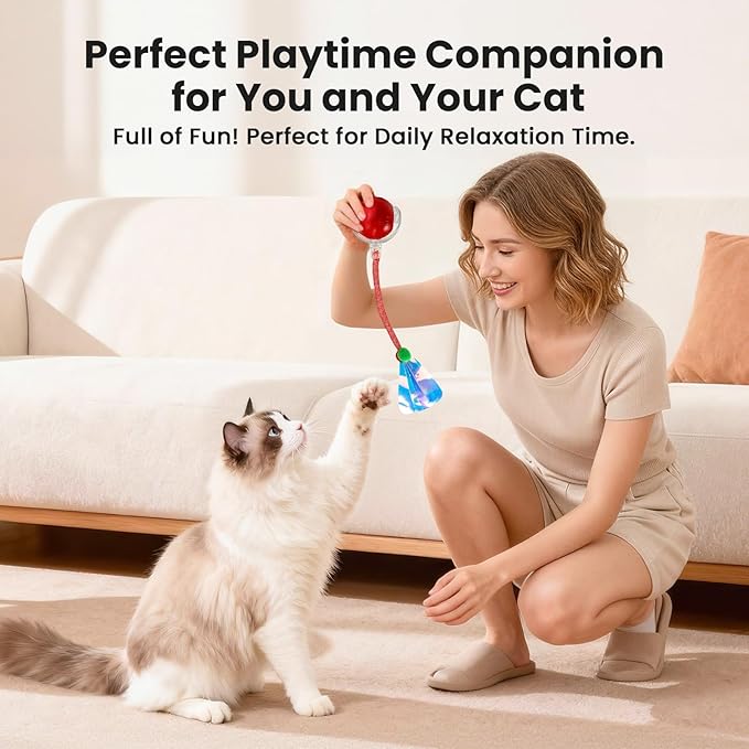Rocfish Cat Toys, Cat Toys for Indoor Cats, Cat Toys Interactive, 360° Rotating Automatic Interactive Cat Ball, Smart Activation, LED Light, Type-C Rechargeable, 3 Replaceable Dragonfly Tails (Red-N)