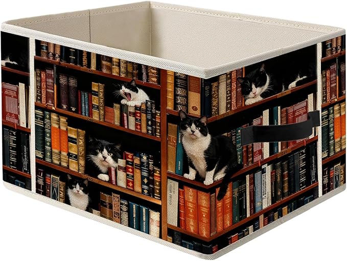 Vintage Cat Book Lovers Storage Bins, Bookish Tuxedo Cat Foldable Closet Organizers Storage Basket Toybox for Reading Corner Room Library Bedroom Bathroom Home Clothes Toys Books