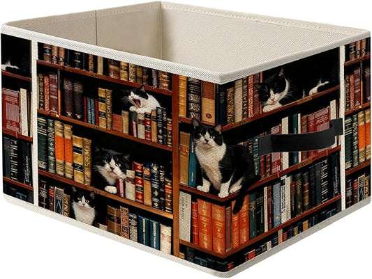 Vintage Cat Book Lovers Storage Bins, Bookish Tuxedo Cat Foldable Closet Organizers Storage Basket Toybox for Reading Corner Room Library Bedroom Bathroom Home Clothes Toys Books