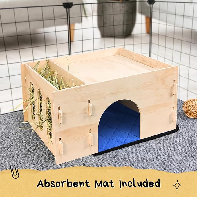 Guinea Pig Hideout with Hay Feeder & Absorbent Mat, Wooden Chinchilla House with Multiple Window, Small Animal Hut Castle for Dwarf Rabbit