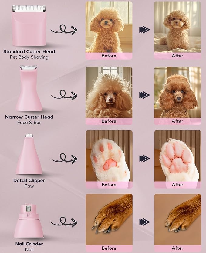 4 in 1 Rechargeable Dog Clippers Grooming Kit with 2 Speeds and Low Noise | Quiet Cordless Dog Hair Trimmer for Paw Nail Grinder, Cat Grooming Clippers for Trimming Hair on Paw Eye Ear Face (Pink)