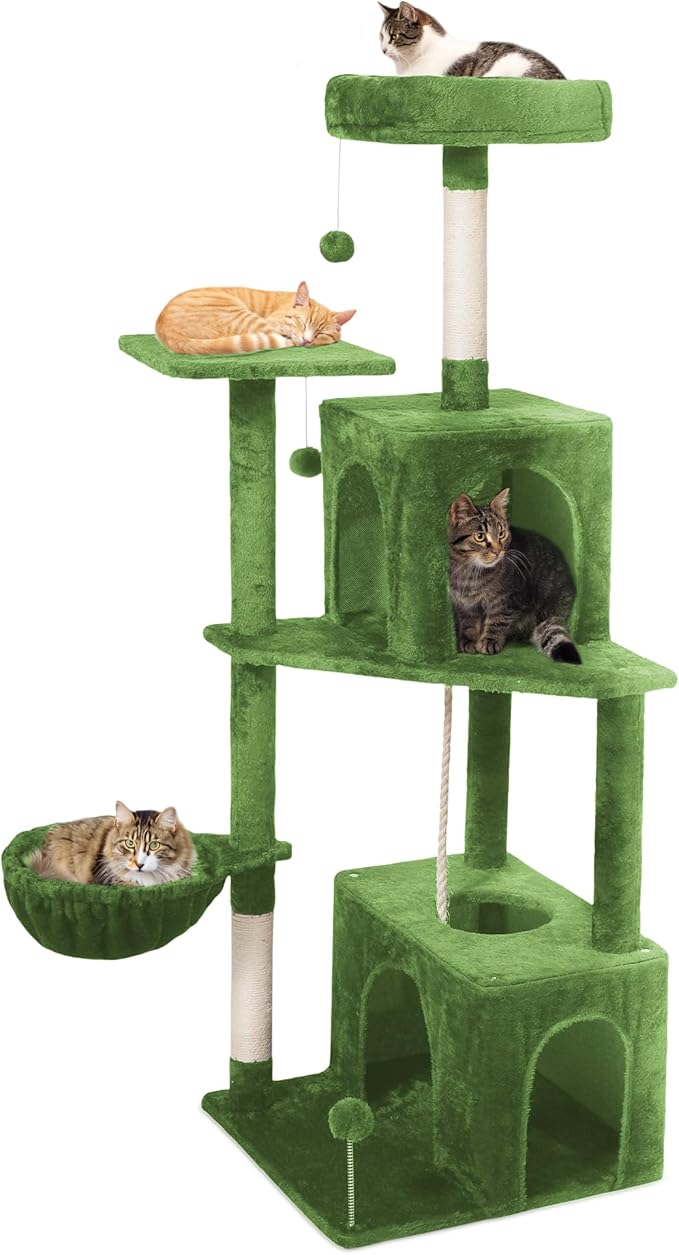 54-Inch Cat Tree Tower with 2 Caves & 2 Pompoms - Multi-Level Tower for Indoor Cats, Soft Plush Condo with Scratching Posts - Sturdy Base for Large Cats(Green)