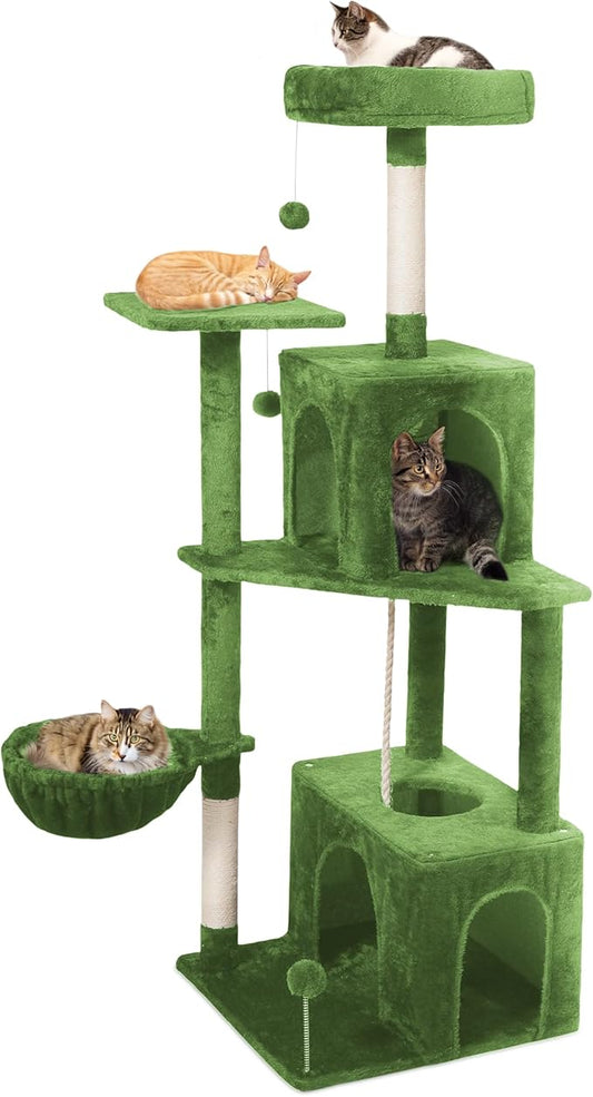 54-Inch Cat Tree Tower with 2 Caves & 2 Pompoms - Multi-Level Tower for Indoor Cats, Soft Plush Condo with Scratching Posts - Sturdy Base for Large Cats(Green)