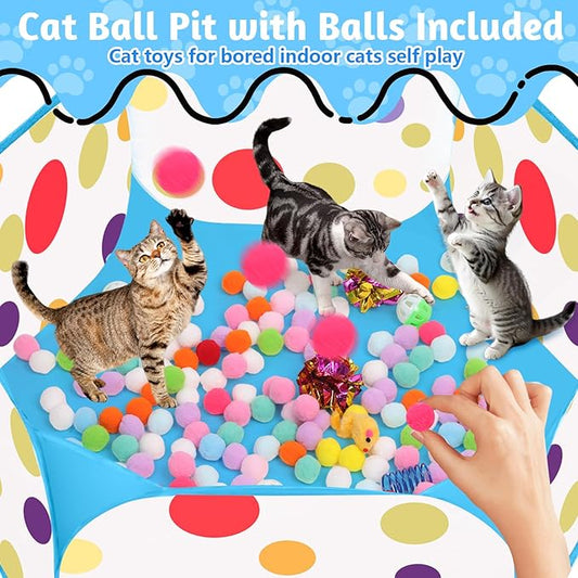 Cat Ball Pit for Cats, Include 226 Pcs Interactive Cat Toy for Indoor Kittens, Cat Enrichment Toys for Bored Indoor Cats Self Play Kitty Toys Bundle Pack Entertainment(Blue)