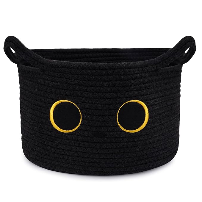Black Cat Toy Basket for Nursery, Large Cute Cat Oval Woven Cotton Rope Blanket Storage Basket, Baby 0rganize Blanket Shower Hamper with Handles, Gifts Empty Storage Cat Bin,13"D x 8"H in