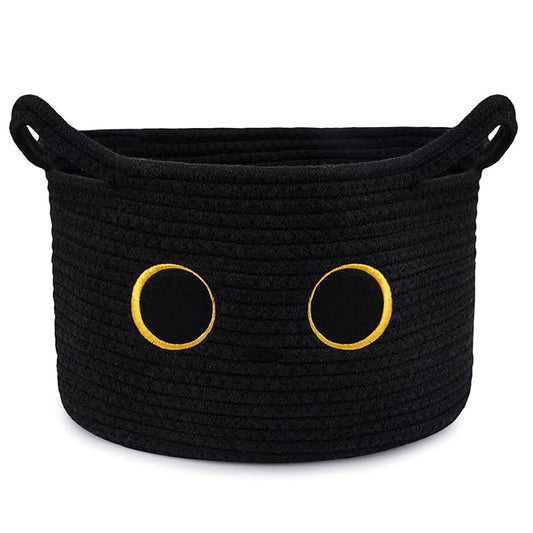 Black Cat Toy Basket for Nursery, Large Cute Cat Oval Woven Cotton Rope Blanket Storage Basket, Baby 0rganize Blanket Shower Hamper with Handles, Gifts Empty Storage Cat Bin,13"D x 8"H in