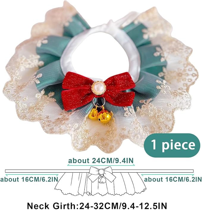Elegant Lace Cat Collar with Cute Bow,Cat Collar with Bow Tie,Pet Lace Bib Collar with Cute Bow,Cat Princess Costumes,Green Champagne,1 Piece ﻿