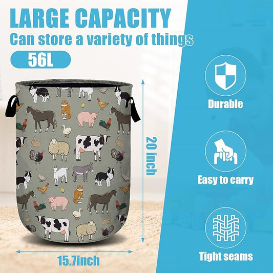 Funny Farm Animal Laundry Basket, Laundry Hamper Collapsible Oxford Cloth with Handle Clothes Storage Bin for Bathroom Laundry Room Bedroom 15.7 X 20 Inch