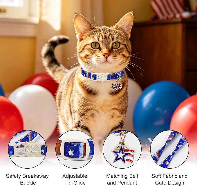 2 Pack 4th of July Cat Collars - Blue Stars & Stripes and Patriotic Popsicle Breakaway Cat Collars, Adjustable Soft Boy Girl Kitten Collar for Small Dogs Puppy with Bell & Pendant