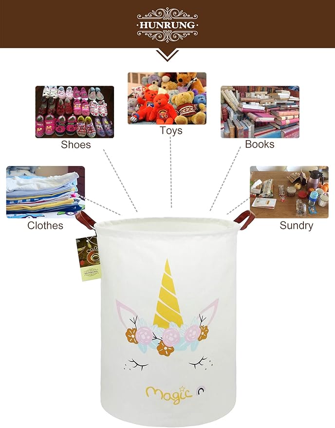Collapsible Fabric Storage Basket, Waterproof Laundry Hamper with Handles, Round Storage Bin for Clothes Toys, Foldable Organizer for Bedroom Nursery Bathroom(Round-magic-unicorn)