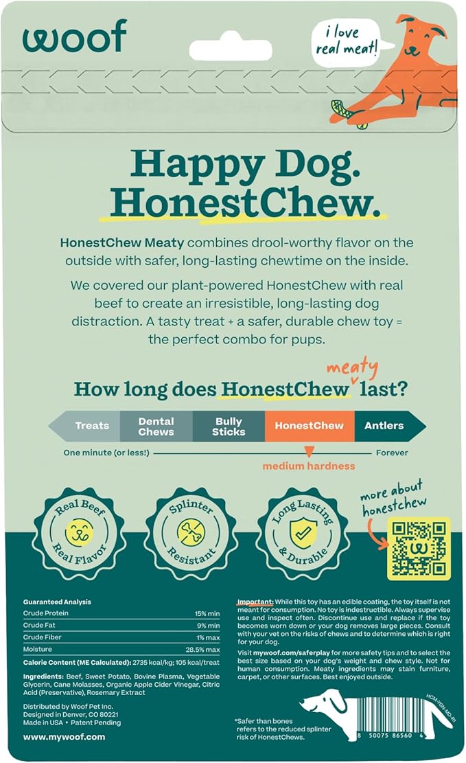 WOOF HonestChew Meaty Dog Toy Y-Gnawt - Durable Dog Chews - Made with Real Beef and Natural, Plant-Based Ingredients - Splinter-Resistant - Safer Than Dog Bones - Medium