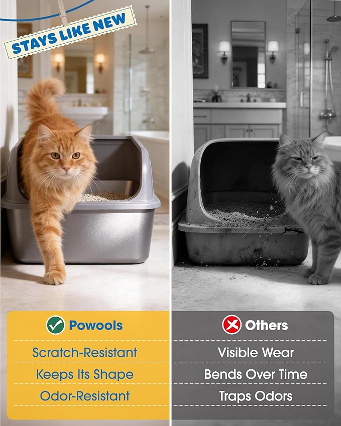 Powools Stainless Steel Cat Litter Box, Metal Litter Box with Scoop, High- Sided, Anti-Leakage Top Entry, Non-Sticky, Easy to Clean, Grey, XL (1 Pack)