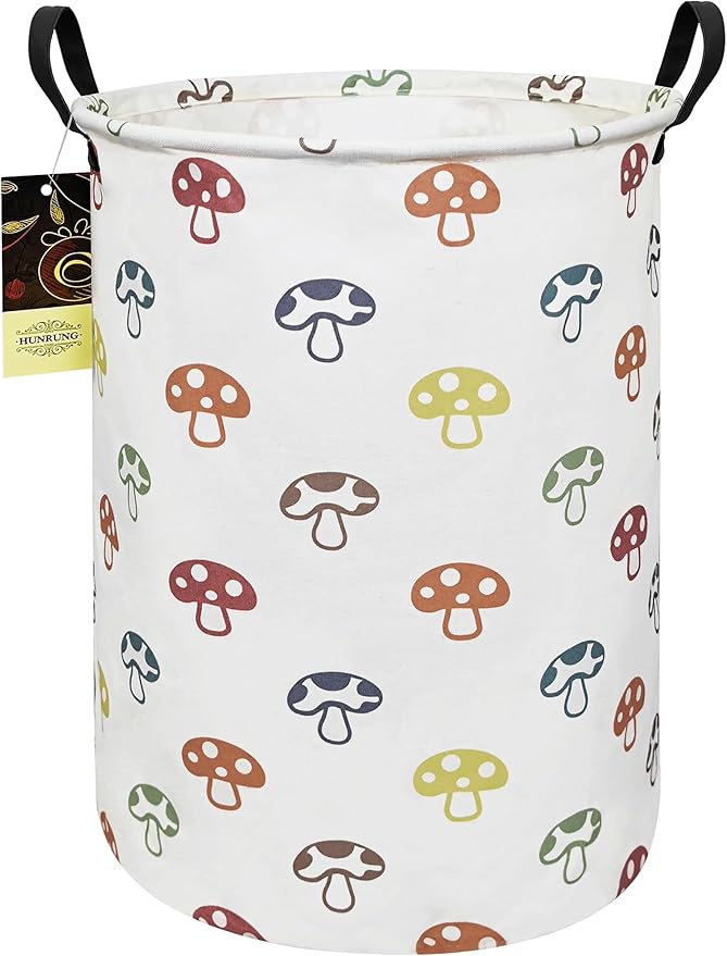 Collapsible Fabric Storage Basket, Waterproof Laundry Hamper with Handles, Round Storage Bin for Clothes Toys, Foldable Organizer for Bedroom Nursery Bathroom(Round-Color Mushroom)