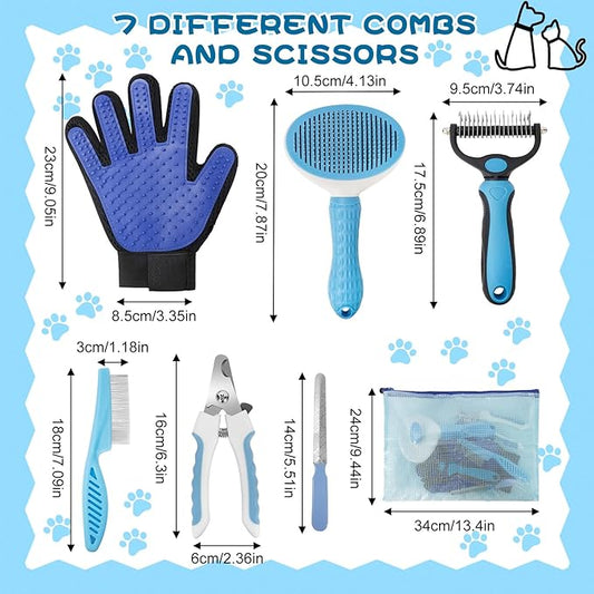 7-in-1 Pet Grooming Kit–Cat Brush,Dog Brush for Shedding,Double-Sided Flea Comb,Dog Nail Trimmers,Dog Bath Supplies–for All Cat and Small/Large Dog Shedding（Blue
