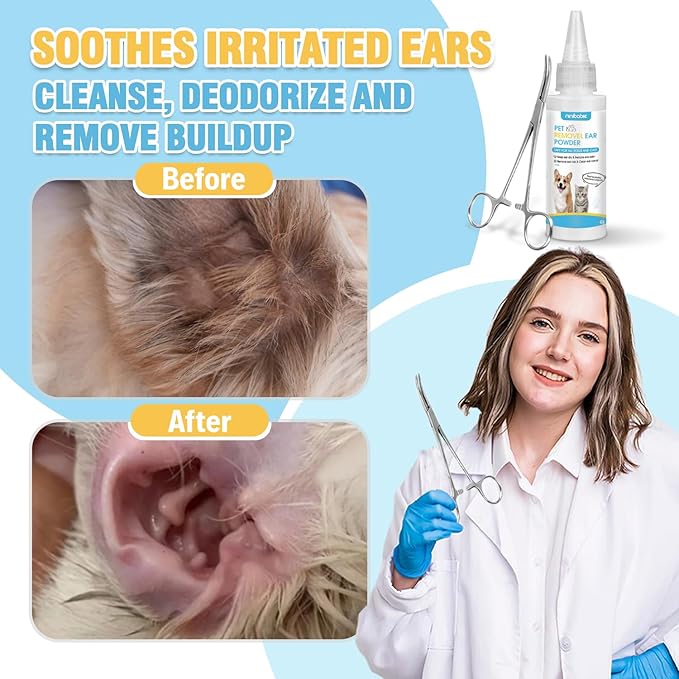 Dog Ear Care Kit - Dog Ear Powder for Hair Removal (42g) with Curved Grooming Tweezers - Effective Solution for Smelly Ears, Wax Buildup