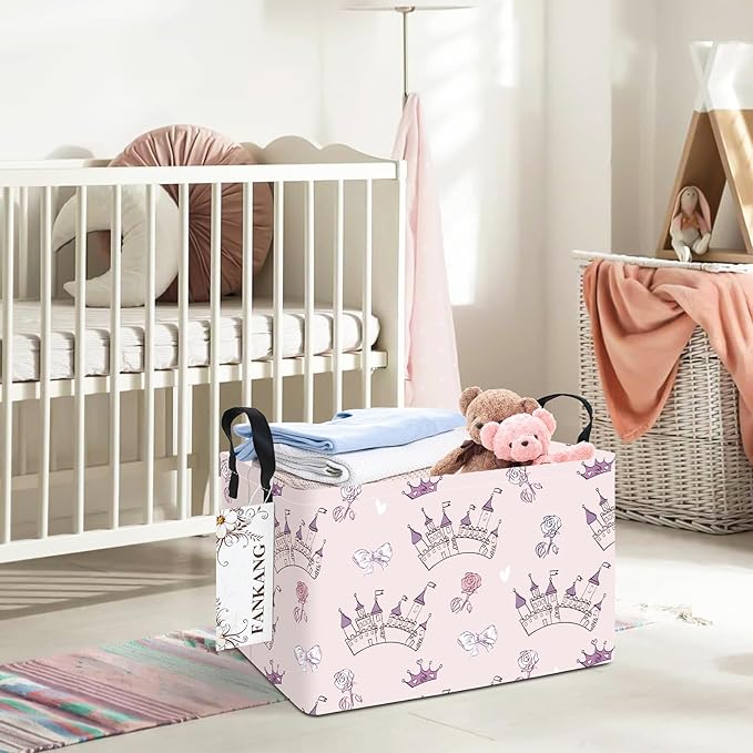 Storage Bins, Nursery Hamper Canvas Laundry Basket Foldable with Waterproof PE Coating Large Storage Baskets for Kids Boys and Girls, Office, Bedroom, Clothes,Toys(Rec-Princess Castle