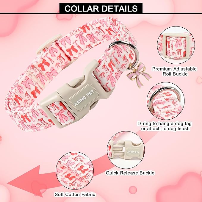 ARING PET Girl Dog Collar, Cute Spring Summer Pink Bow Puppy Pet Collars Necklace for Small Medium Large Female Dogs-XS