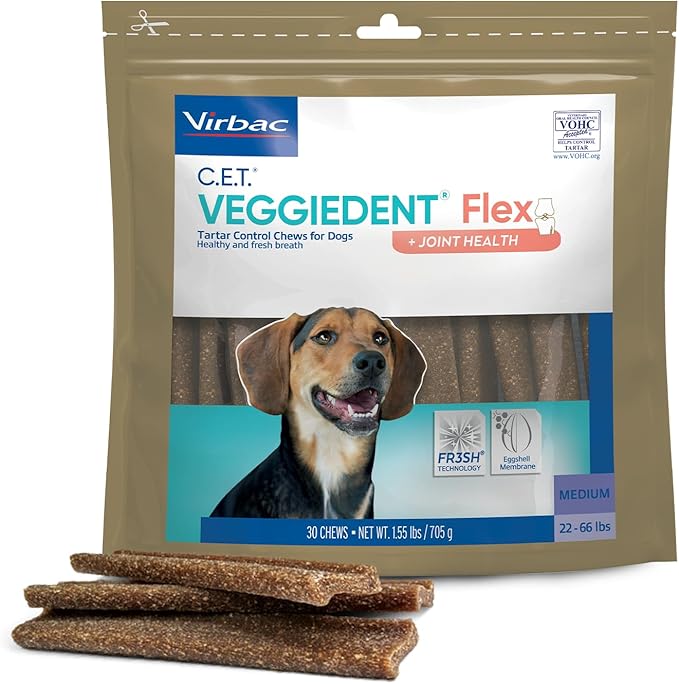 Virbac C.E.T.® VEGGIEDENT® Flex Tartar Control Chews for Dogs - Multifunctional to Support Joint Health, VOHC Approved - Medium 22-66lbs