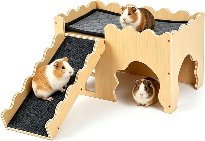 Wooden Guinea Pig Hideout Cave House, Guinea Pig Castle with Natural Cave-Style Entrance, Large Small Animal Habitat with Stairs, Waterproof Liner, Easy Assembly for Guinea Pigs, Rabbits & Hamsters
