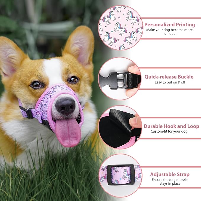 LUCKYPAW Dog Muzzle Anti Biting Barking and Chewing with Comfortable Mesh Soft Fabric and Adjustable Strap, Suitable for Small, Medium and Large Dogs(Pink Unicone,XS)