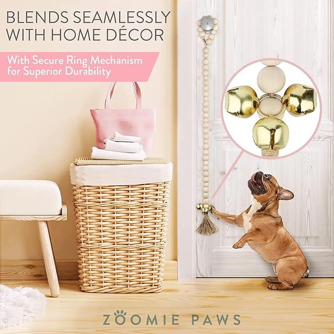 Dog Puppy Training Bell Potty and Outdoor Training Doorbell - Zoomie Paws, Wooden Beaded with Gold Bells