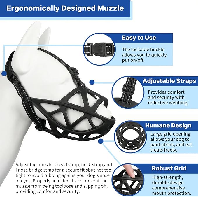 Dog Muzzle, Adjustable Pet Mask with Reflective, Breathable Pet Mask for Large Dogs, Medium Dogs, Small Dogs, Prevents Chewing and Biting, Durable Dog Muzzle that Allows Panting (M)