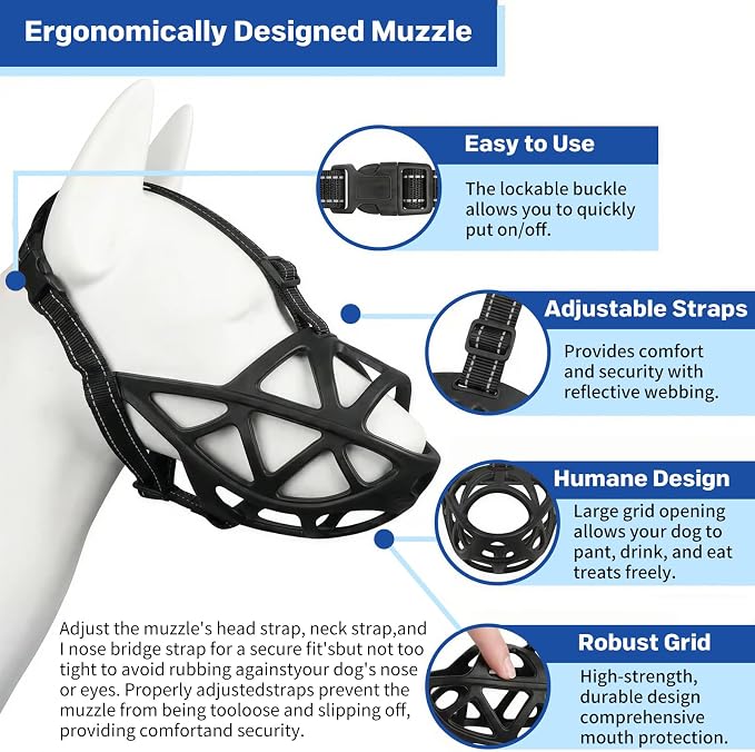 Dog Muzzle, Adjustable Pet Mask with Reflective, Breathable Pet Mask for Large Dogs, Medium Dogs, Small Dogs, Prevents Chewing and Biting, Durable Dog Muzzle that Allows Panting (S)