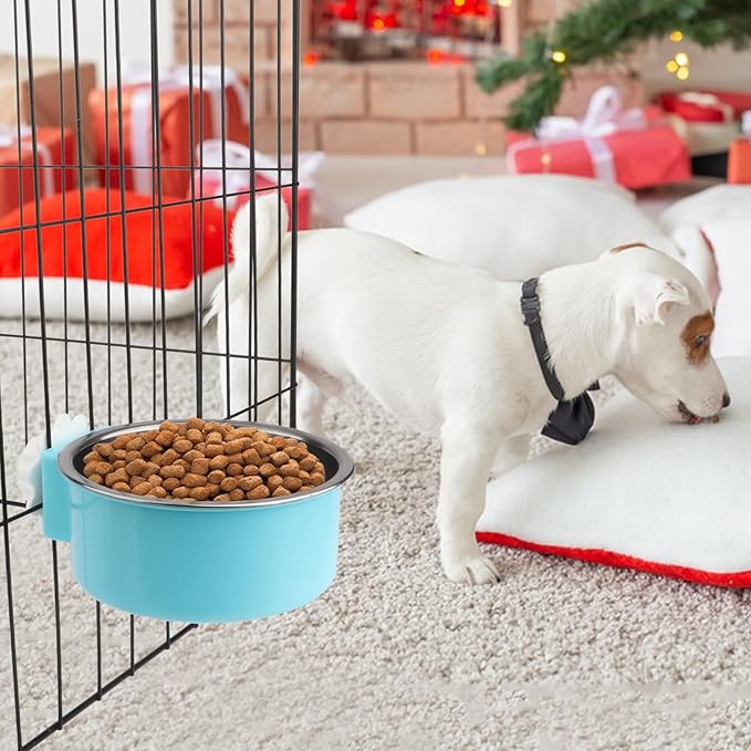 Hypeety Dog Crate Water Bowl No Spill - Hanging Attachable Pet Bowls for Kennel Durable Stainless Steel Food Water Dishes for Small Dogs Cats Rabbits Parrots with Non-Slip Base (Blue+Pink)