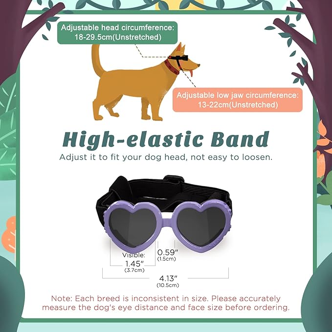 Lewondr Small Dog Sunglasses UV Protection Goggles Eye Wear Protection with Adjustable Strap Doggy Heart Shape Anti-Fog Sunglasses for Pet Dogs Sun Glasses Doggie Windproof Glasses, Macaron Purple